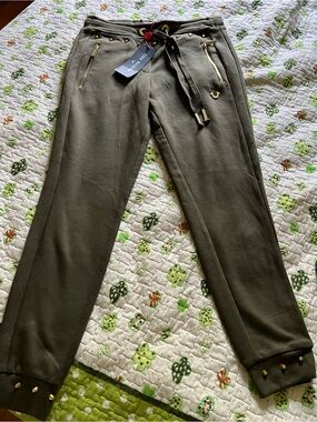 True Religion Olive Green Cropped Jogger Pants with Gold Accents